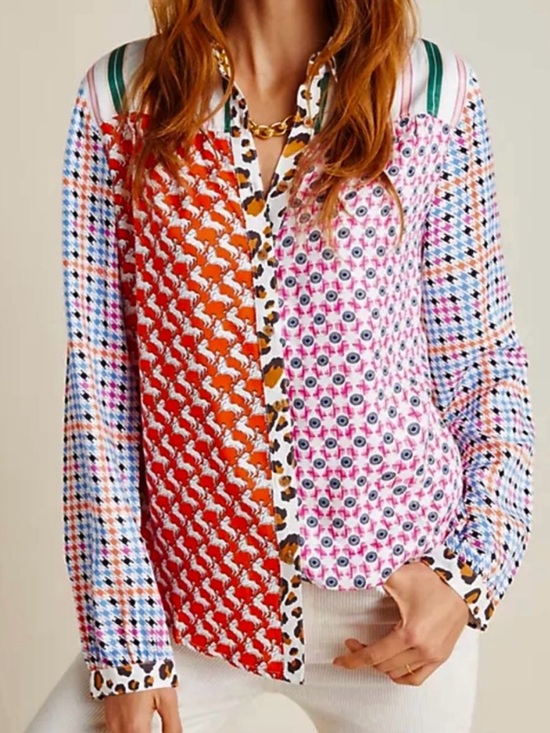 Anthropologie Tops - Anthropologie Maeve Bernadette Mixed Print Button Front Blouse Top Size XS EUC